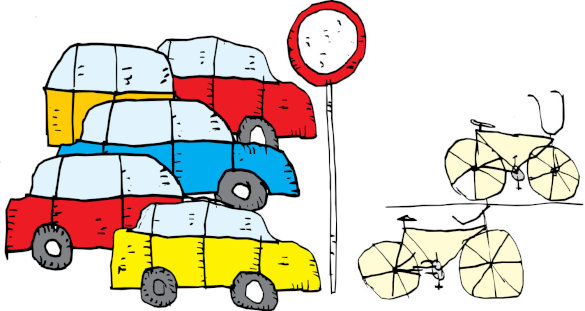 Obrázek aut a jízdních kol, kreslil R. Pospíšil
